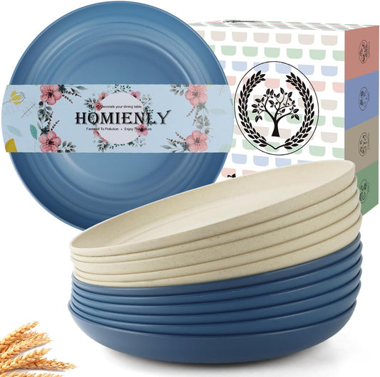 Homienly Deep Dinner Set of 12 - Alternative for Plastic, Microwave and Dishwasher Safe Wheat Straw Plates for Kitchen, Unbreakable Kids (Multi, 10 Inch)