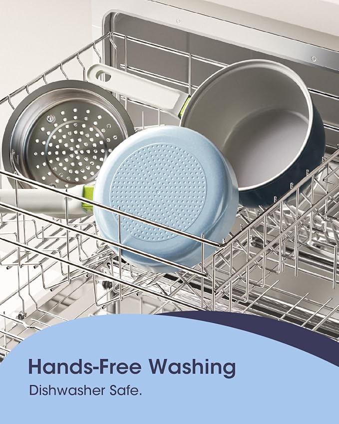 Ceramic Non Stick Sauce & Frying Pan Set, 2.5QT Saucepan, 7" Egg Omelette Pan & 18/10 Stainless Steel Steamer, Induction Cookware Set for Quick Meals, PTFE, PFOA & PFAS Free, Light Blue