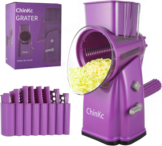 Rotary Cheese Grater Shredder - Upgraded 5 in 1 Cheese Grater with Handle and Strong Suction Base, Multi-purpose Julienne Slicer Ice Shaver Nuts Grinder for Ice, Vegetables, Fruit, Nuts