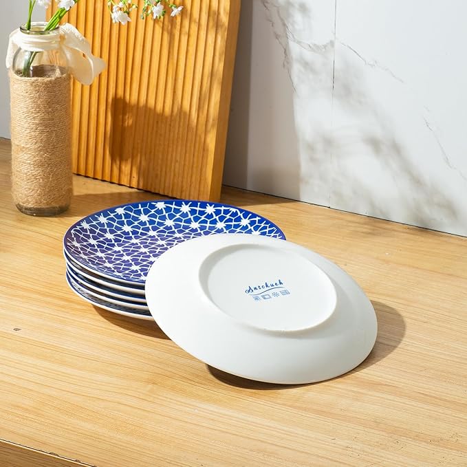 AntoKueh Ceramic Salad Plates Set of 6, 8 Inch Blue and White Small Dessert Plates, Porcelain Plate for Appetizer, Snacks, Dishwasher & Microwave Safe