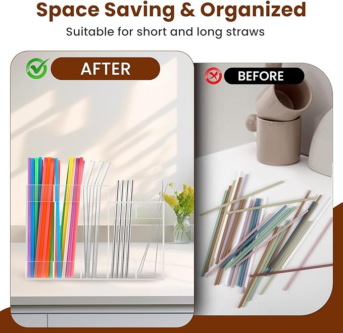 Acrylic Straw Dispenser Organizer - Reusable Metal Straw Holder for Countertop & Cabinet Storage - Ideal for Tumbler Cups, Keep Straws Neat & Accessible, Compatible with Long & Short Straws (Clear)