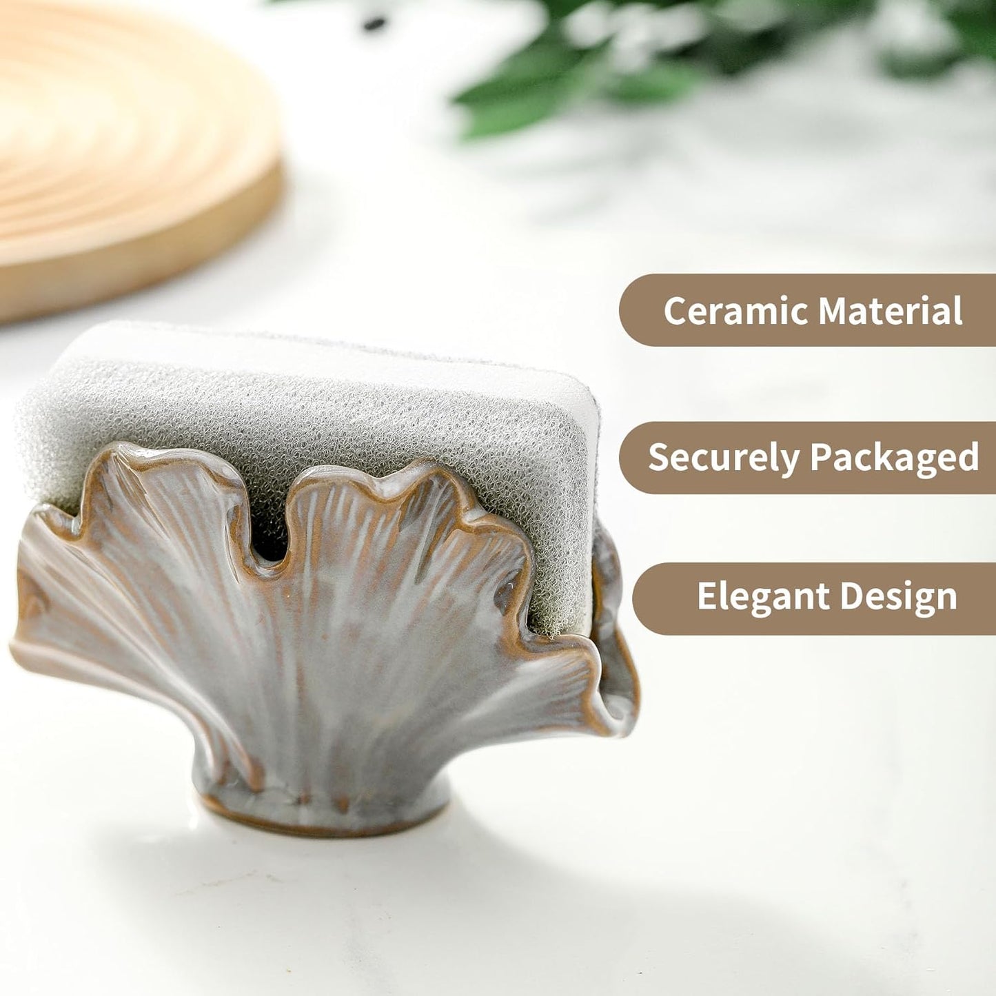 Ceramic Sponge Holder,Sponge Holder for Kitchen Sink,Compact Sink Caddy Organizer-Scouring Pad and Dish Holder,Farmhouse Kitchen Decor Cute Gadgets Accessories(Brown Grey)