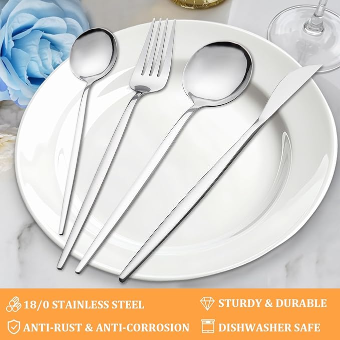 Meraki 24 Flatware Set Silverware Stainless Steel Flatware Utensils Cutlery Set Including Steak Knife Fork and Spoon for Home, Kitchen and Restaurant, Dishwasher Safe