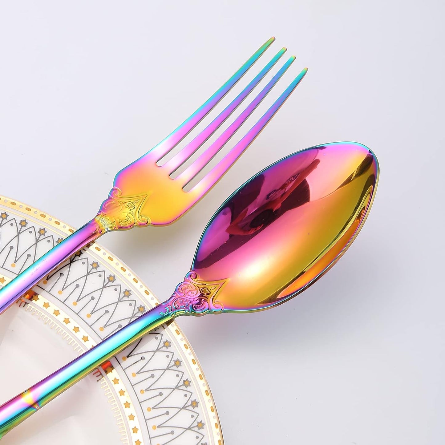 Rainbow Royal Silverware Set for 8 Stainless Steel Flatware 40 Pieces with Unique Antique Floral Design Colorful Heavy Durable Kitchen Daily Use Festival Parties