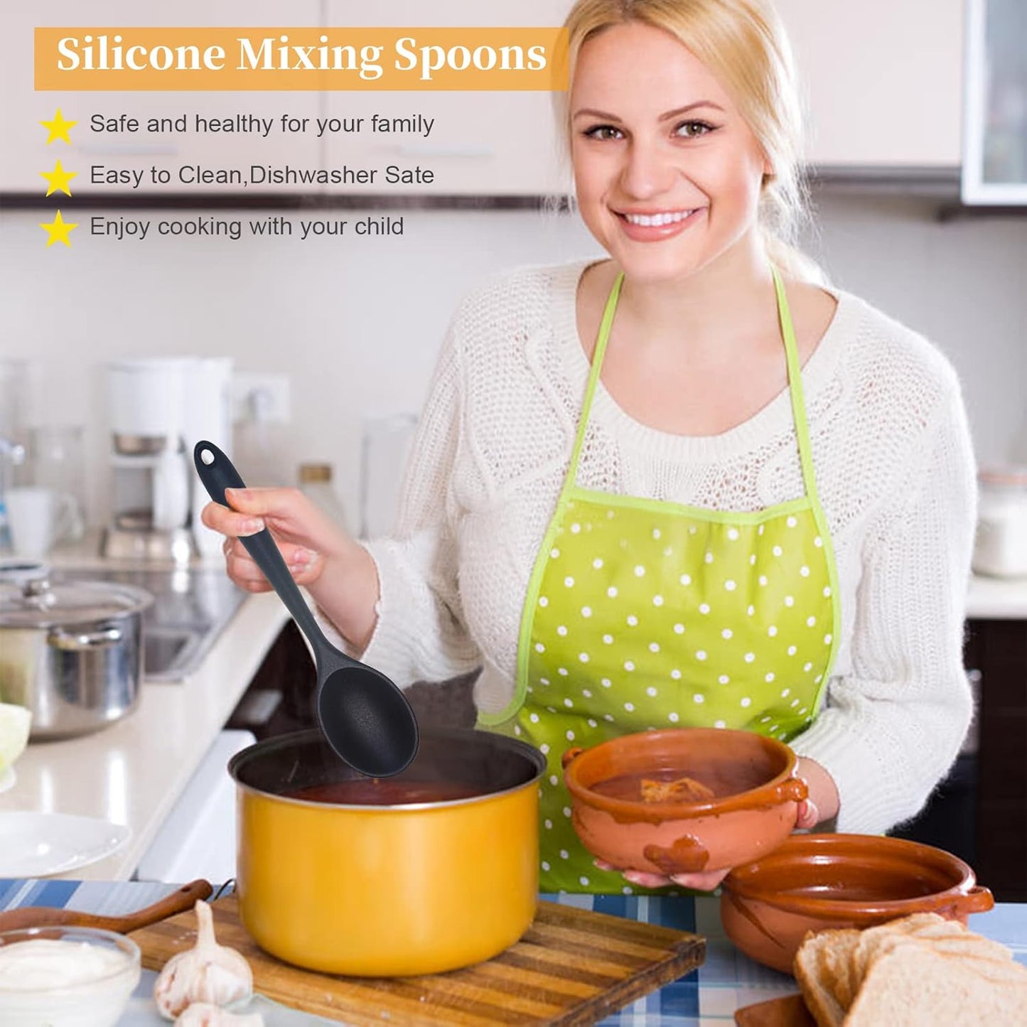 2 Pcs Silicone Nonstick Mixing Spoon, Silicone Spoons for Cooking Heat Resistant, Cooking Utensil for Kitchen Cooking Baking Stirring Serving (Black)