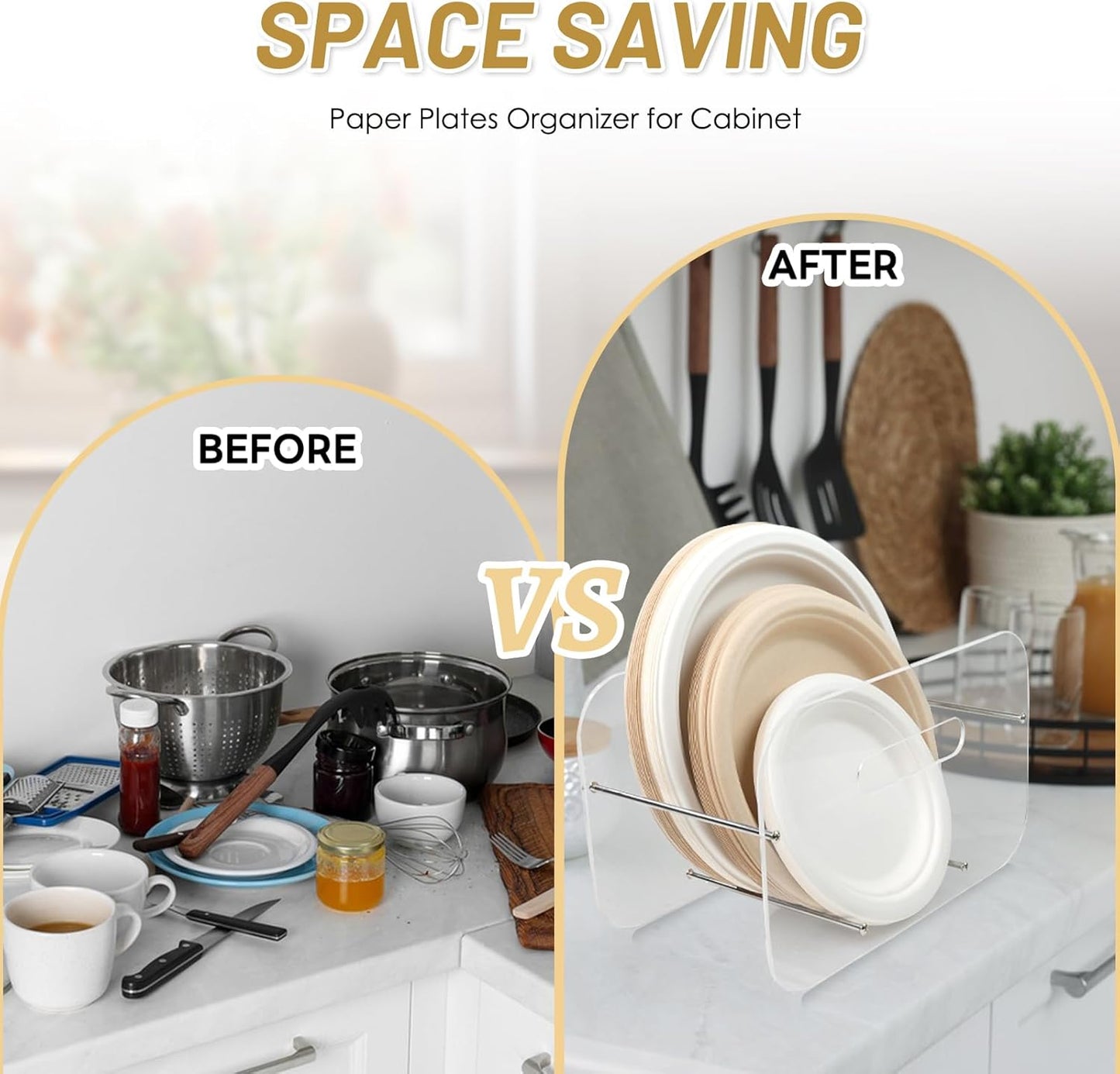 Paper Plate Dispenser, 7-12 Inch Disposable Plates Storage Organizer, Round Square Plastic Foam Paper Plate Acrylic Organizer for Cabinet, Countertop, RV or Outdoor Use (1)