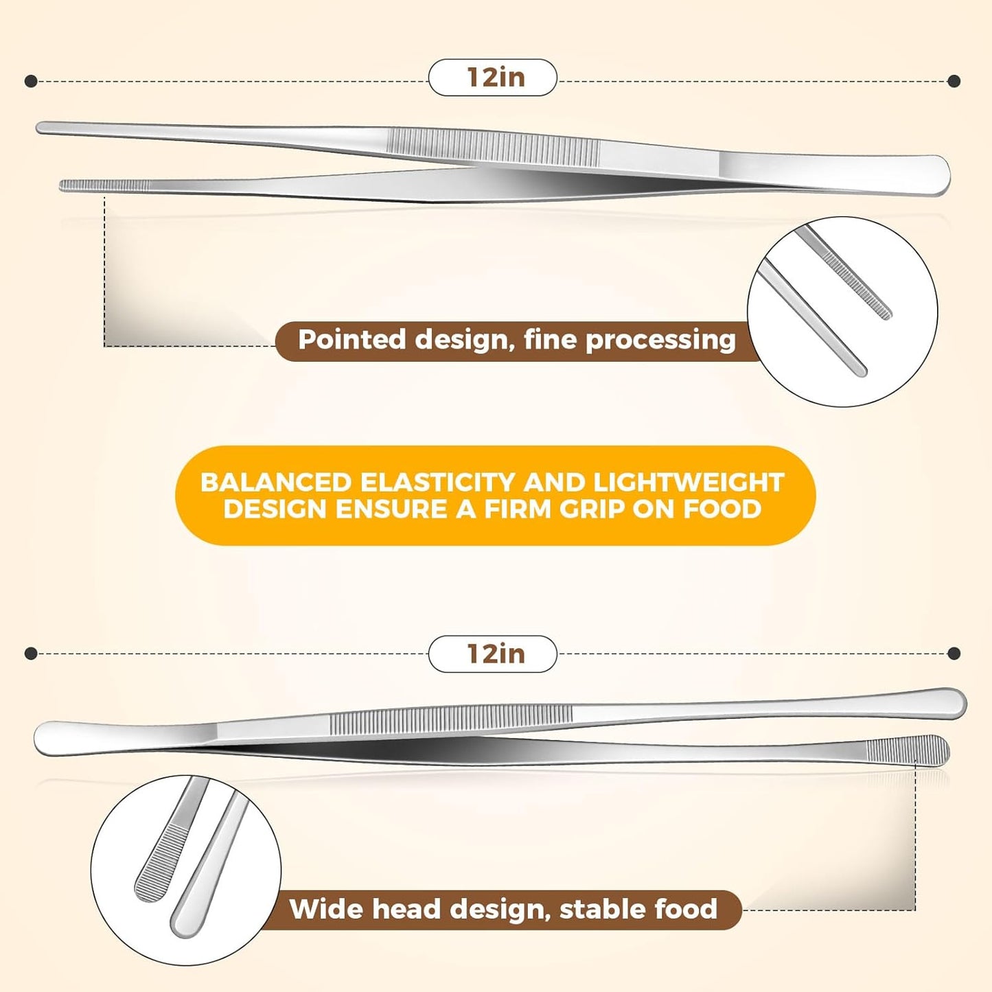 12-Inch Cooking Tweezers Tongs 2-Pack, Stainless Steel Kitchen Tweezers with Dual-Head Design and Non-Slip Grip, Chef Tweezer Tongs for Frying, Plating, Pasta, BBQ, Air Fryer, Food Prep Tools