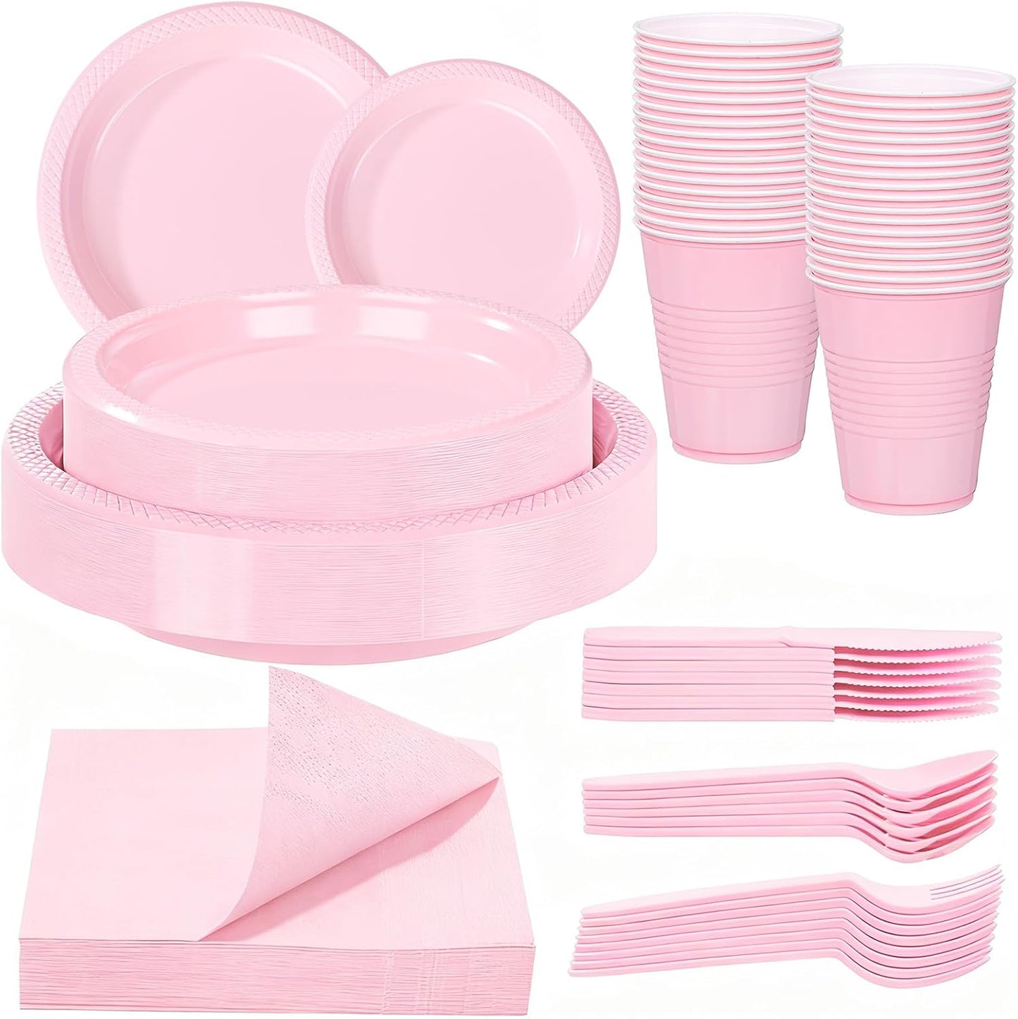 WELLIFE 210 Pieces Pink Party Supplies, Disposable Dinnerware Set, Including Pink Plastic Plates, 16OZ Cups, Plastic Cutlery and Napkins Serve 30 Guests for Party