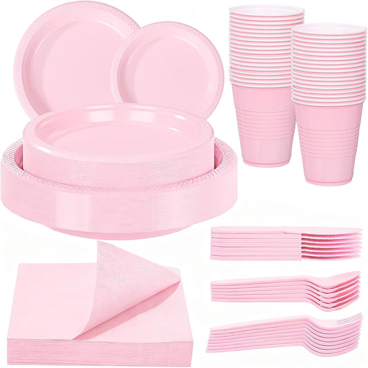 WELLIFE 210 Pieces Pink Party Supplies, Disposable Dinnerware Set, Including Pink Plastic Plates, 16OZ Cups, Plastic Cutlery and Napkins Serve 30 Guests for Party