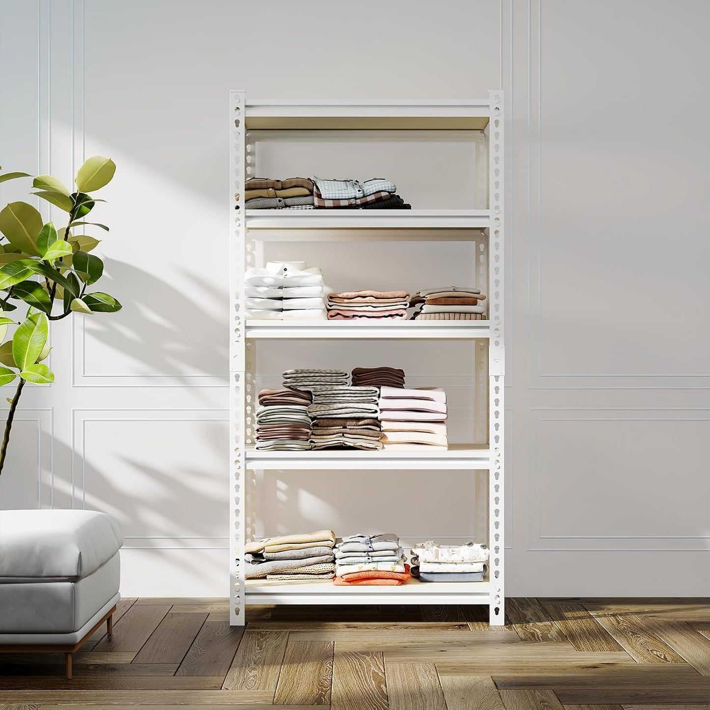 36"W "Father&I" 5-Shelf Industrial Metal Steel Garage/Tote Storage Shelves Heavy-Duty Adjustable Rack: Tall Shelving Units Organizer for Closet/Basement/Pantry/Shop/School 72"H*36W*16"D, White