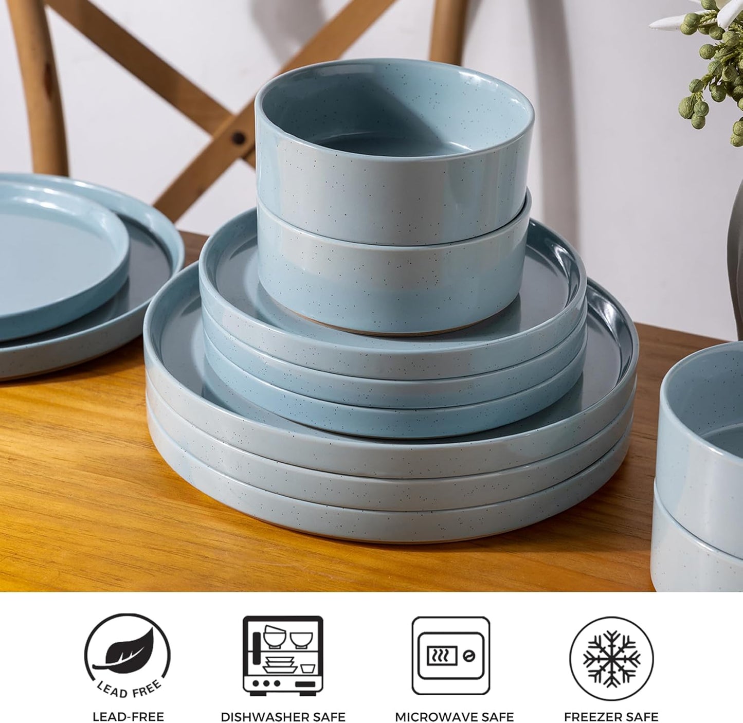 AmorArc Ceramic Dinnerware Set for 4 | Speckled Stoneware Plates and Bowls with unglazed terracotta | Scratch Resistant, Dishwasher & Microwave Safe Dishes Sets- 12-Pcs Blue
