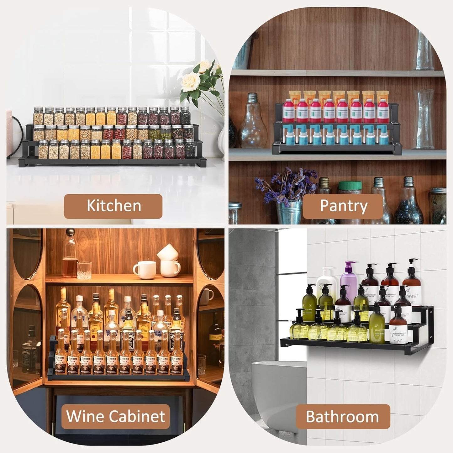 GOENDR Expandable Spice Rack Organizer for Cabinet, 3 Tier Metal Spice Organization,16"-29.5" Wide Adjustable Seasoning Organizer, Display Shelf, Canned Goods Organizer for Pantry Kitchen Countertop