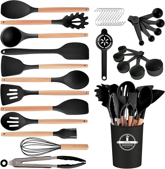 Kitchen Utensils Set - 34 PCS Non-Stick Silicone Cooking Utensils Set with Wooden Handle,Kitchen Gadgets Tools Set for Nonstick Cookware (Black-34P)