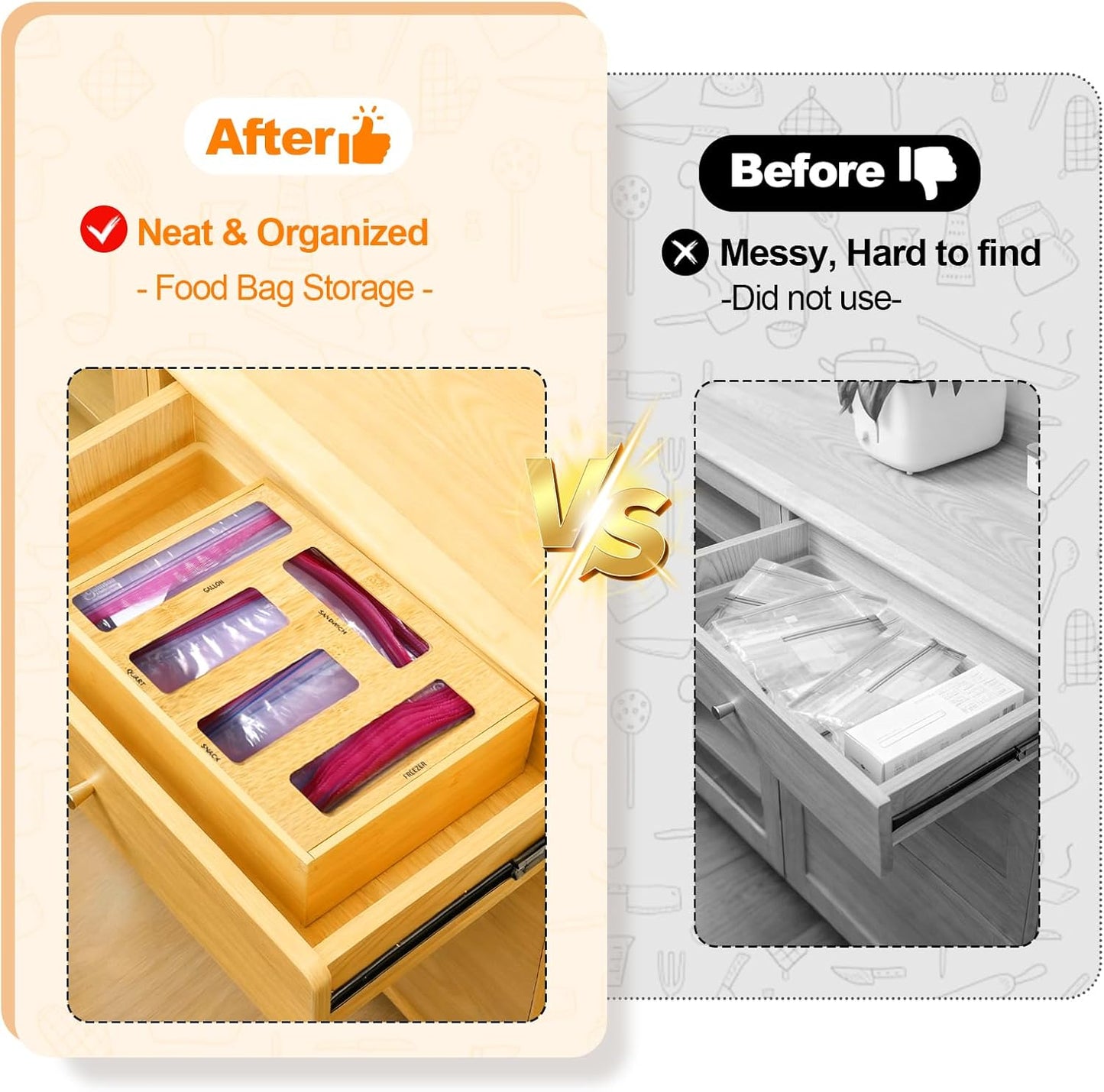 Bag Storage Organizer Compatible with Ziploc Gallon, Quart, Sandwich & Snack Sized Slider Bags,Bamboo Organizer For Drawer(13.7"L*11.8H"*3.1W")