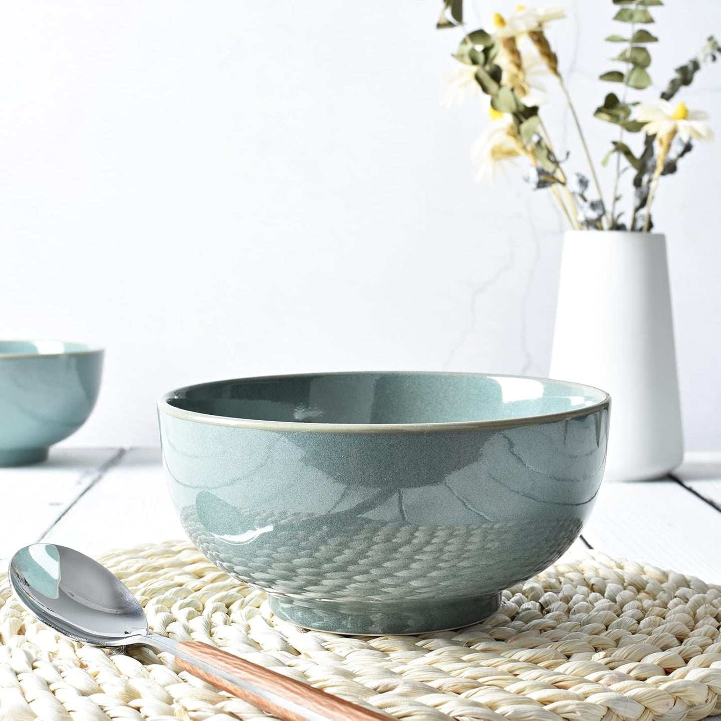 Bosmarlin Ceramic Soup Bowl Set of 4, 24 Oz, Cereal Bowl for Oatmeal, Dishwasher and Microwave Safe (5.75 Inches, Sage Green)