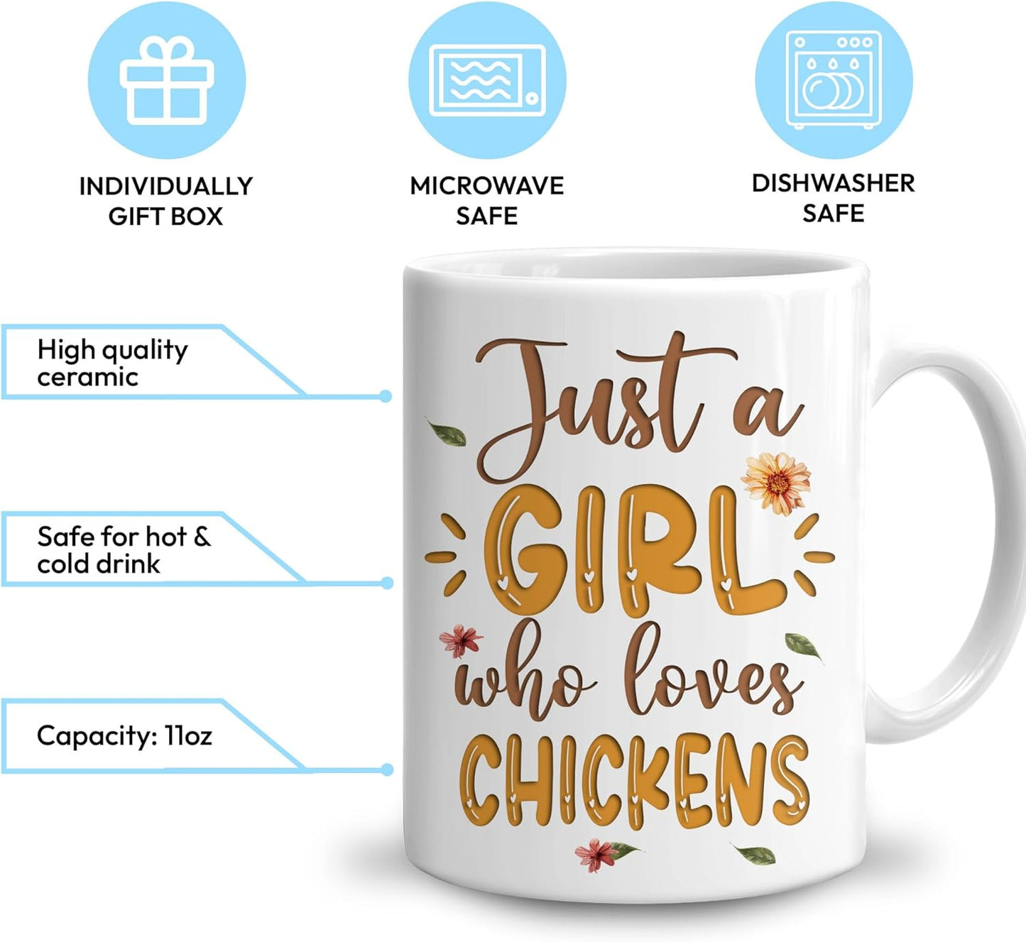 Hyturtle Personalized Gifts Chicken Lover - Just A Girl Who Loves Chickens Custom Name Ceramic Coffee Mug Cup 11oz - Idea Cute Animal Lover Gifts For Women, Girl kid Daughter On Birthday, Christmas