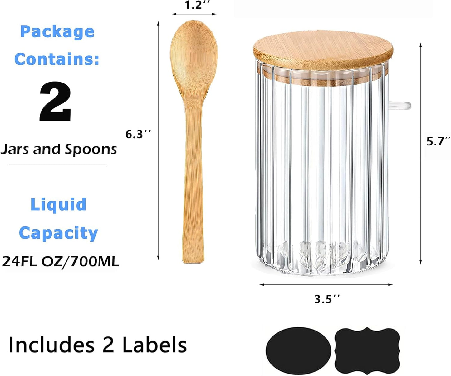 24 FL OZ Airtight Glass Jars with Bamboo Spoons Lids Overnight Oats Container Decorative Coffee Bar Food Storage Jar Cereal Nuts Salts Coffee Tea Flour Sugar Container Spice Jars (2Pack)
