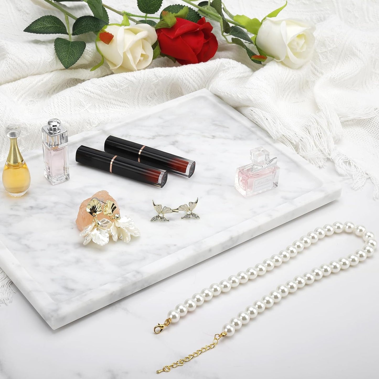 Real Luxurious Natural Marble Tray - 12x8 Inch Marble Vanity Tray for Perfume Display, Jewelry Organizer, Bathroom & Home Decor -Heavy Duty Non-Slip Stone Tray (Non-Resin/Non-Ceramic)