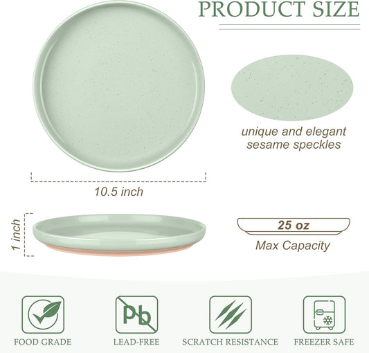 LIANYU Dinner Plates Set of 4, 10.5’’ Large and Round Stoneware Plates, Ceramic Dishes Set for Kitchen Serving Salad, Dessert, Steak, Oven, Microwave & Dishwasher Safe, Scratch Resistant, Fog Green