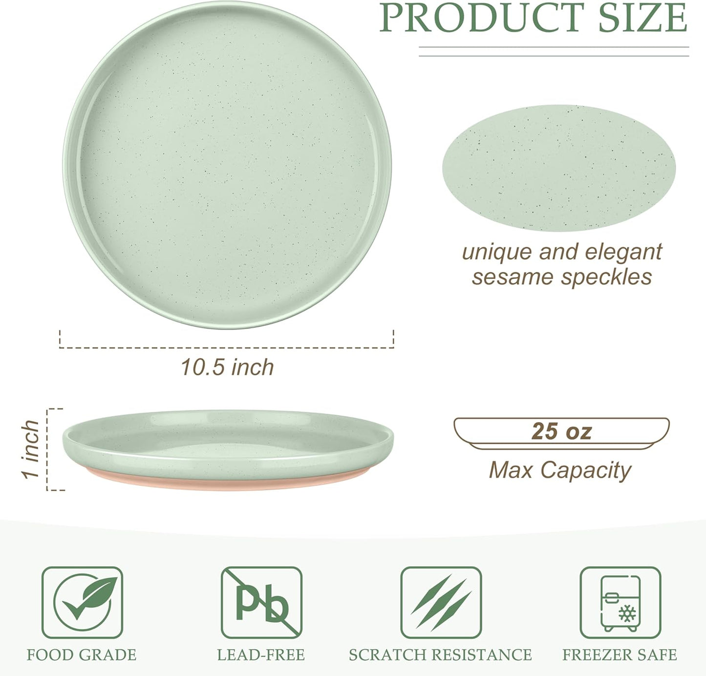 LIANYU Stoneware Dinner Plates Set of 6, 10.5’’ Ceramic Plates for Dessert, Salad, Steak, Pizza, Round Serving Dishes for Kitchen, Microwave, Oven & Dishwasher Safe, Scratch Resistant, Fog Green