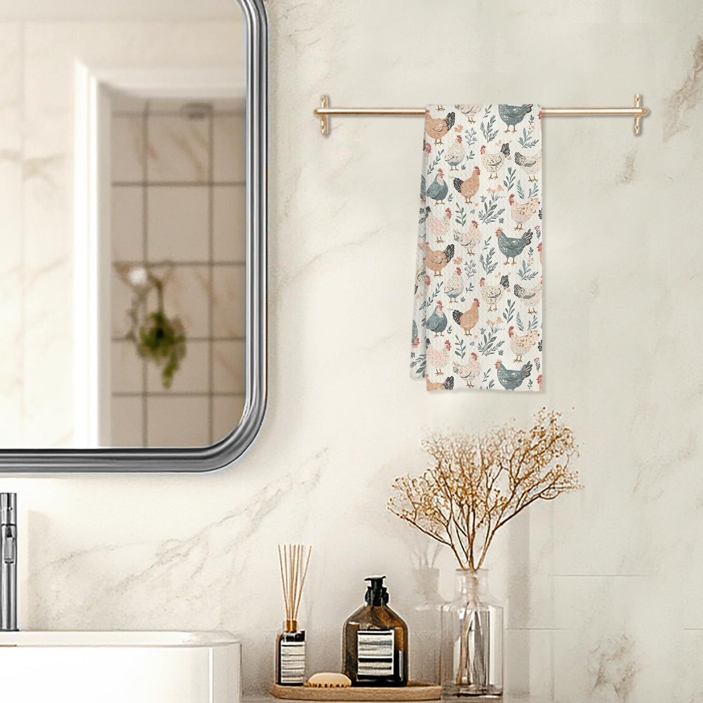 Farmhouse Chicken Kitchen Towels, Chicken Lover Mom Lady Gifts Decorative Dish Tea Towels for Kitchen, Cottagecore Farm Animal Hens Hand Towels for Bathroom, 16x24 Inches