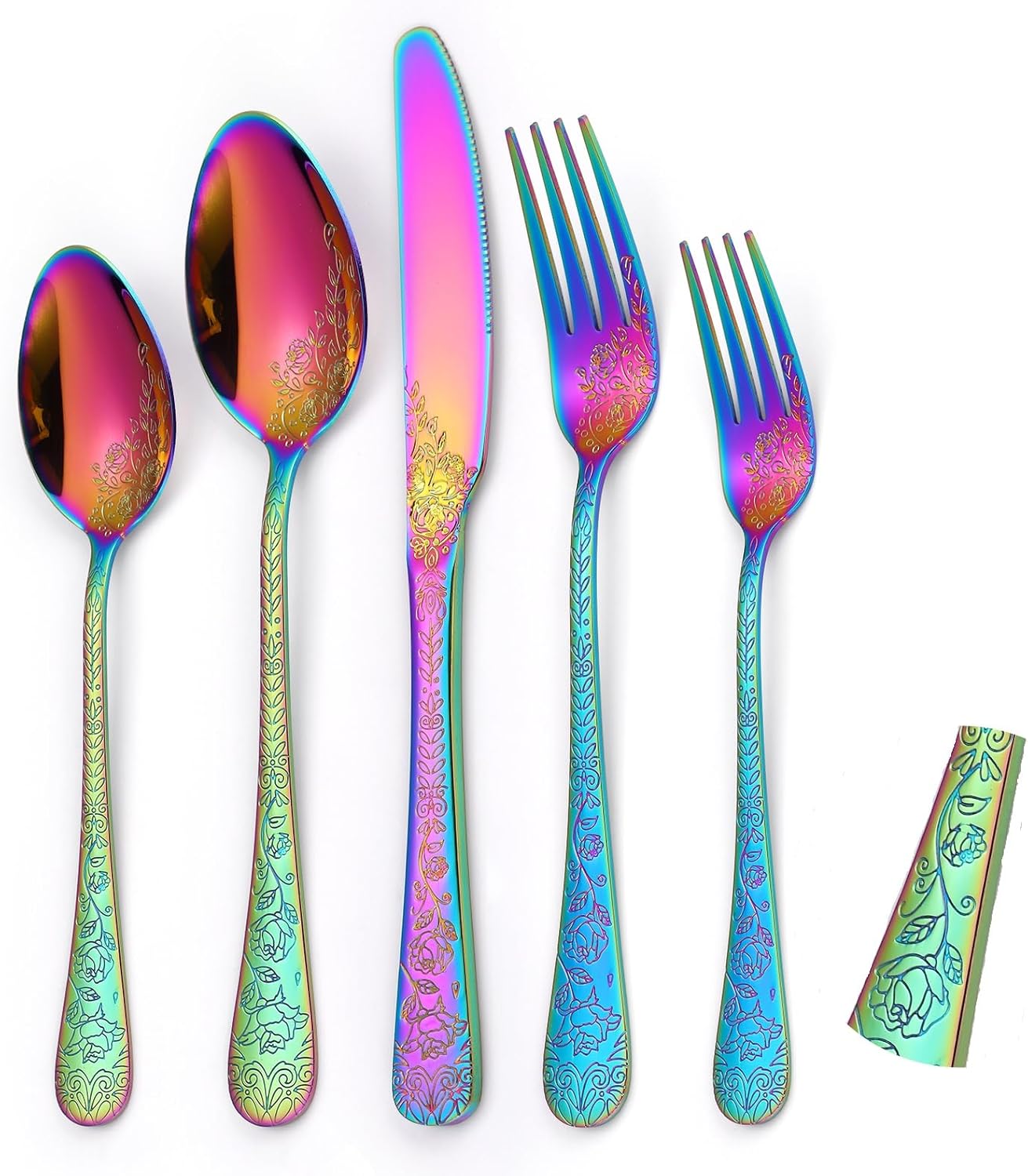 Embossed Flatware Set Rainbow 30 Piece Stainless Steel Silverware for 6 Cutlery with Floral Design Eating Utensils for Weddings Parties Festival and Restaurants Kitchen Daily Use
