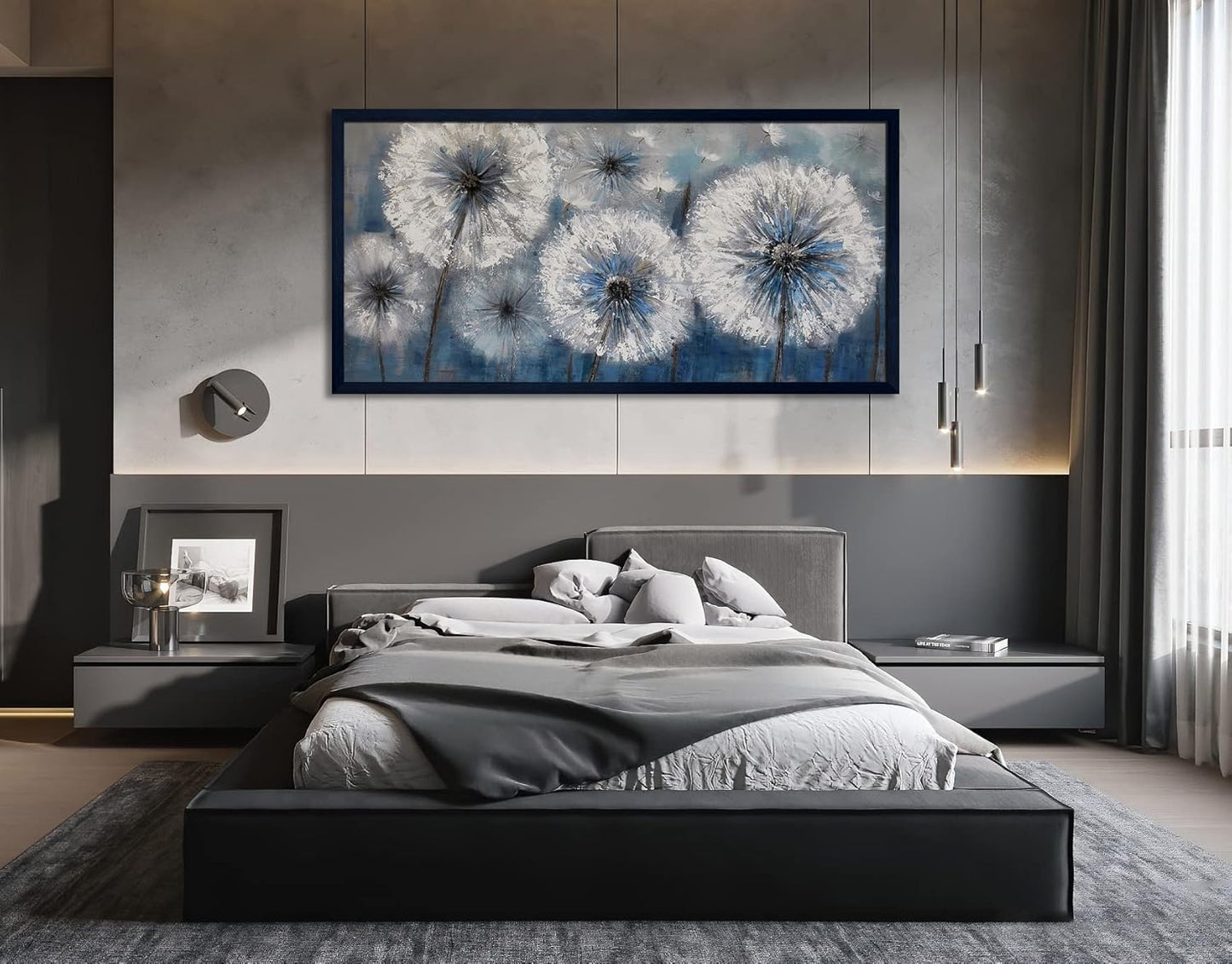 Dandelion Wall Art Blue Large Picture for Living Room Canvas Art Wall Decor Above Bed White Flower Artwork for Walls Paintings Modern Art Aall Decor Framed Wall Art for Bedroom 29×58IN