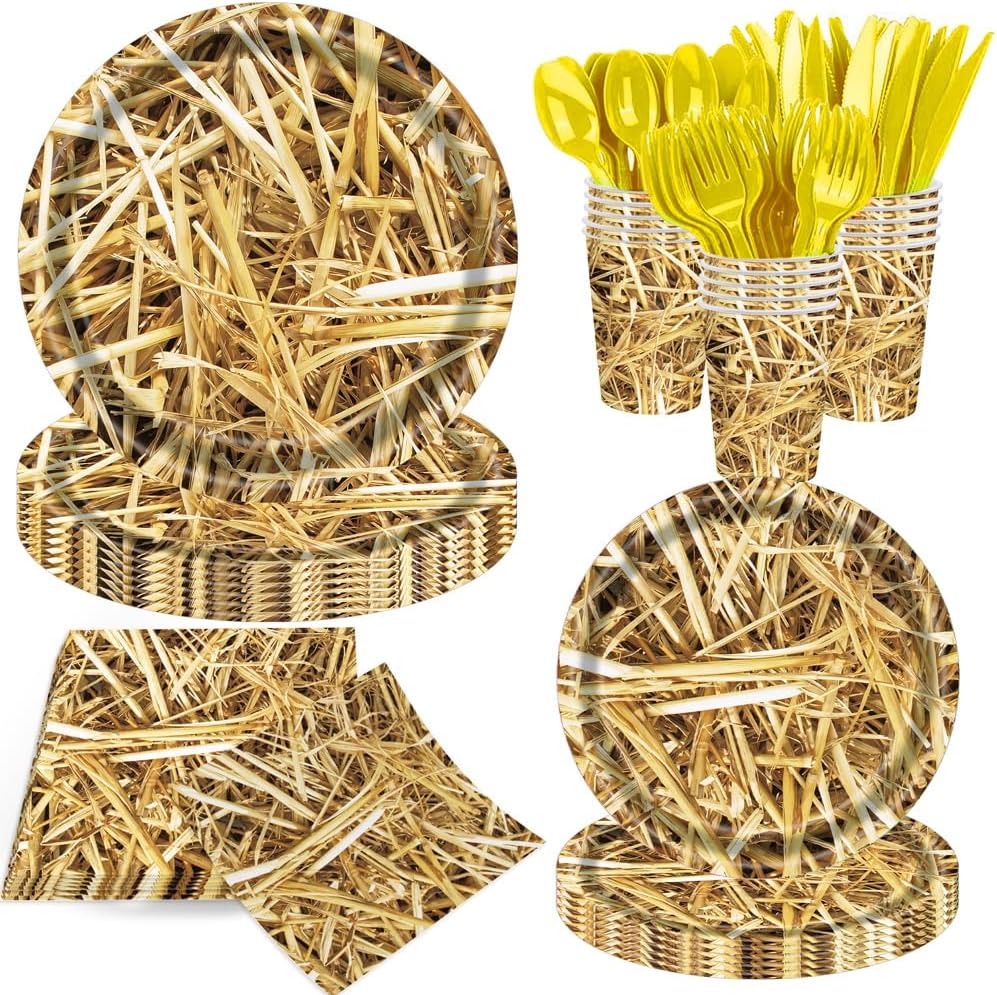 140 Pcs Straw Party Decorations Western Party Decorations Disposable Tableware Set Plates Napkins Cups Serves 20