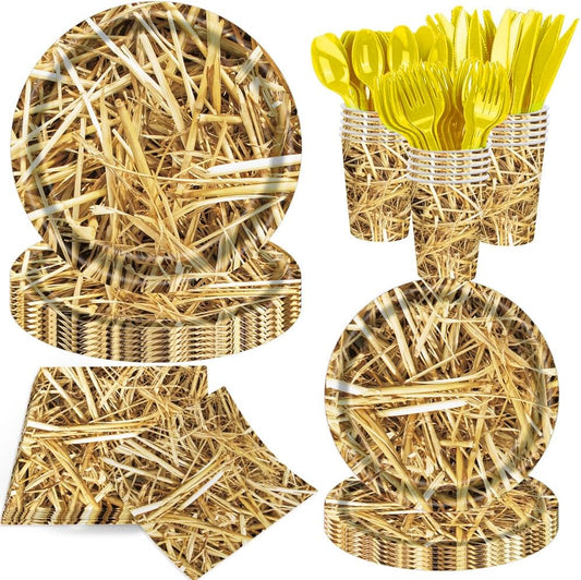 140 Pcs Straw Party Decorations Western Party Decorations Disposable Tableware Set Plates Napkins Cups Serves 20