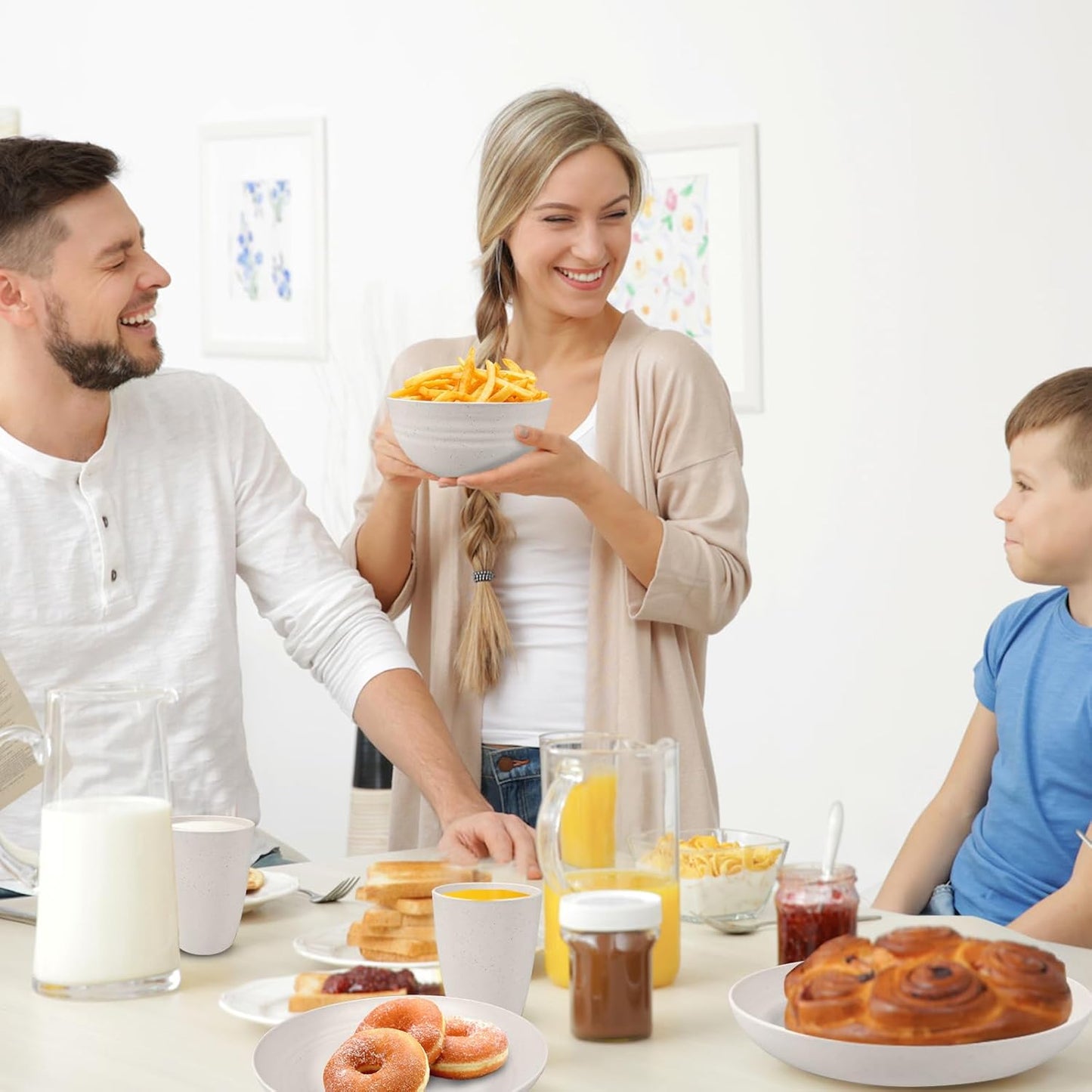 Kitchen Wheat Straw Dinnerware Sets (33pcs) Attached cleaning brush,Service For 8,Plastic Plates and Bowls Sets,Unbreakable Dinnerware,Lightweight Plastic Plate Set (off-white)