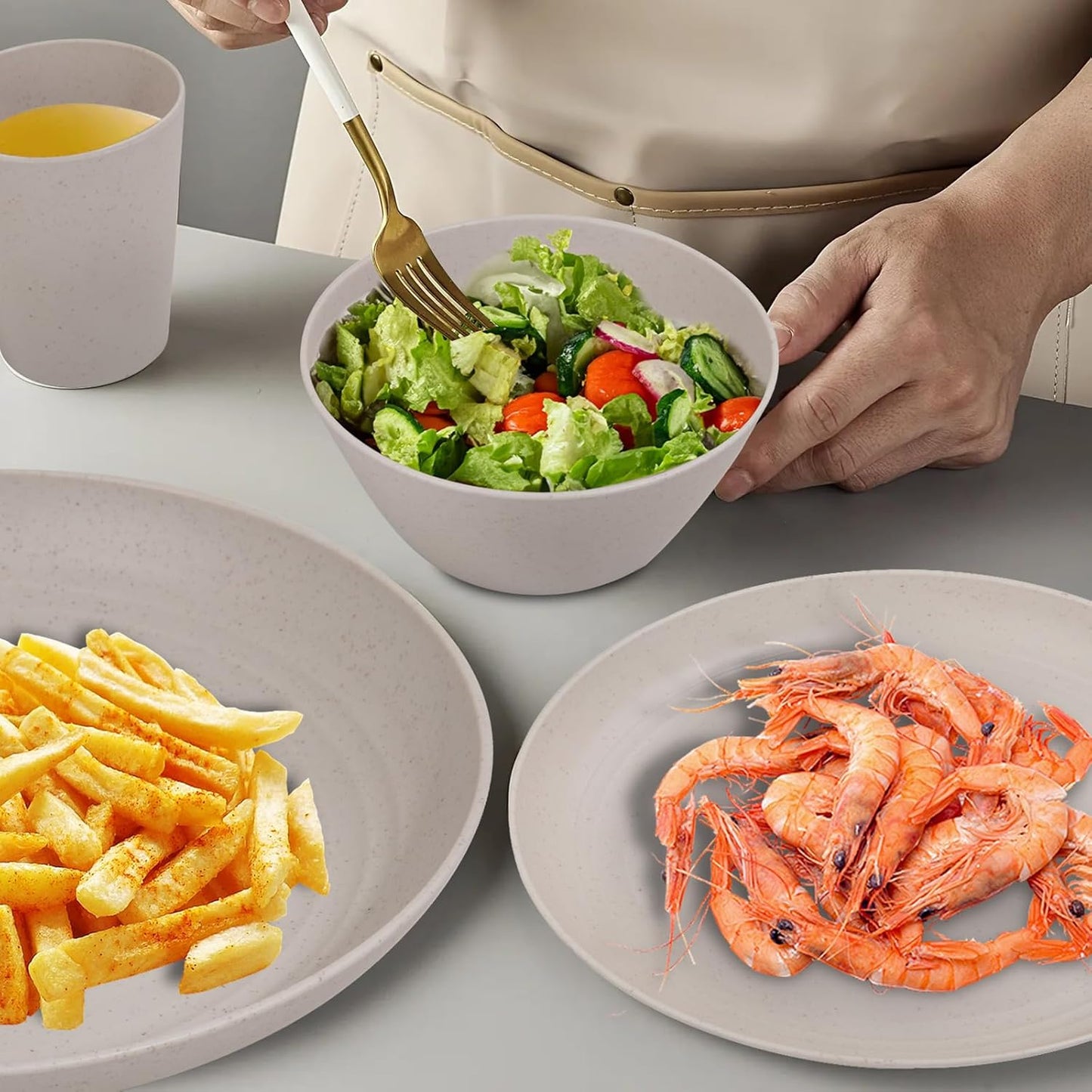 LIYH 48 Pcs Beige Plastic Wheat Straw Dinnerware Set - Reusable Plates and Bowls Sets,Unbreakable Plates Dishes Bowl Cup Outdoor Camper Dish Set for 12