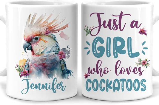 Hyturtle Personalized Gifts Cockatoo Lover - Just A Girl Who Loves Cockatoos Custom Name Ceramic Coffee Mug Cup 11oz - Idea Cute Animal Lover Gifts For Women, Girl Daughter On Birthday, Christmas