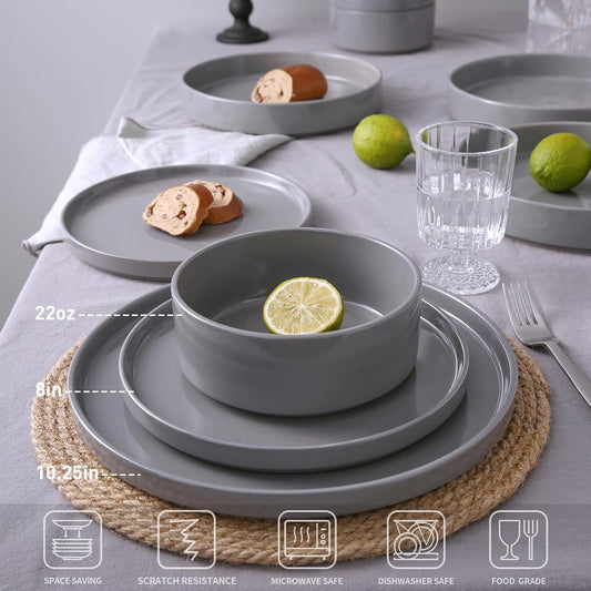 Famiware Nebula Plates and Bowls Set, 24 Pieces Dinnerware Sets, Dishes Set for 8, Dark Gray