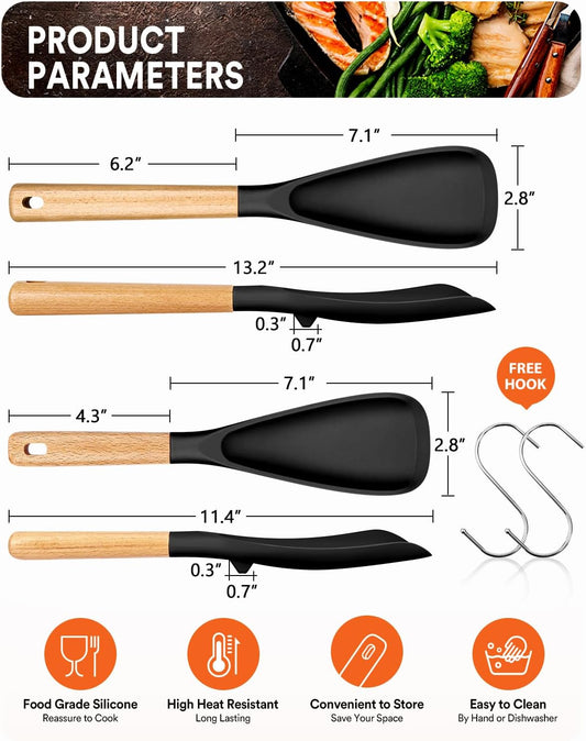 Multifunction Spatula Spoon for Nonstick Cookwares, Great for Cooking and Serving, Sturdy BPA-Free Matte Silicone, Wood Handle Spatula for Mixing, Scoop, and Scrape, Black(2 pack,11.4" & 13.4")