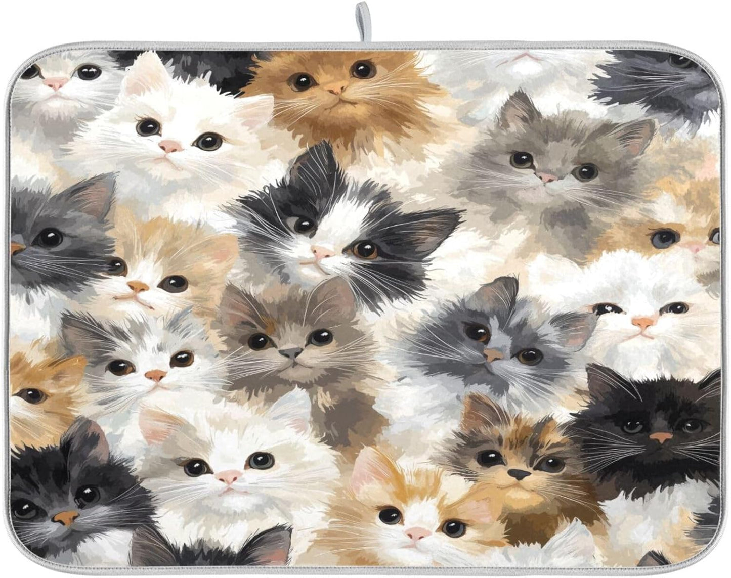 Cat Faces Pattern Dish Drying Mat for Kitchen Counter Super Absorbent Dishes Pad Reversible Microfiber Protector Dish Draining Mats 16x18 inch
