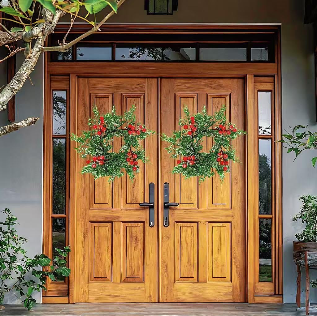 4Pcs Mini Christmas Candle Rings Wreaths, 10Inch Christmas Pine Kitchen Cabinet Candle Holder with Red Berries for Table Cenderpiece Chair Wall Window Decor