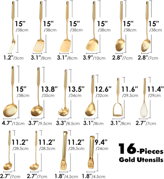 Gold Cooking Utensils Set - 18/10 Stainless Steel Small and Large Spoons Set, 16 PCS All Metal Kitchen Tools, Serving Utensils - Whisk, Masher, Fork, Tongs, Spatula, Turner, Ladle, Skimmer, Pasta
