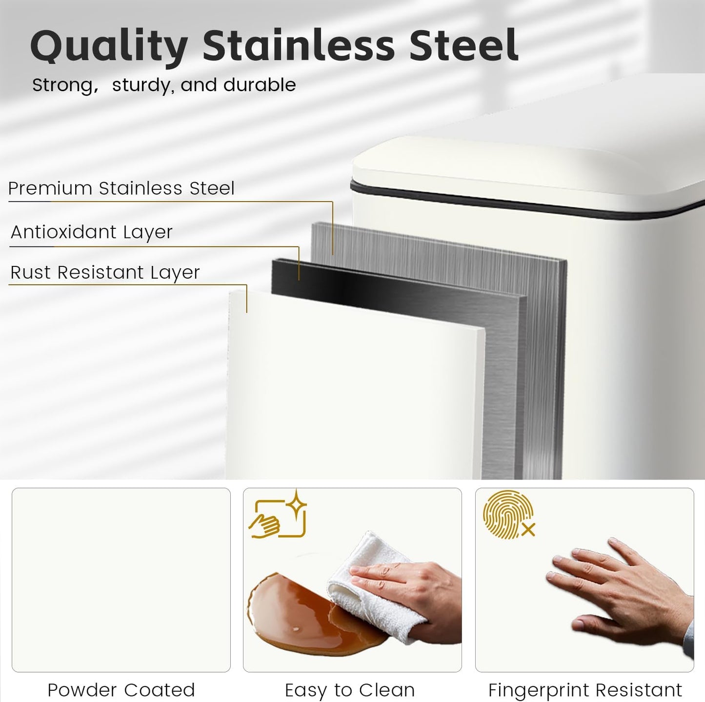 12 Gallon Slim Stainless Steel Trash Can with Soft-Close Lid & Removable Inner Bucket, Fingerprint-Proof, Odor-Controlled Kitchen Bathroom & Office Waste Bin, White