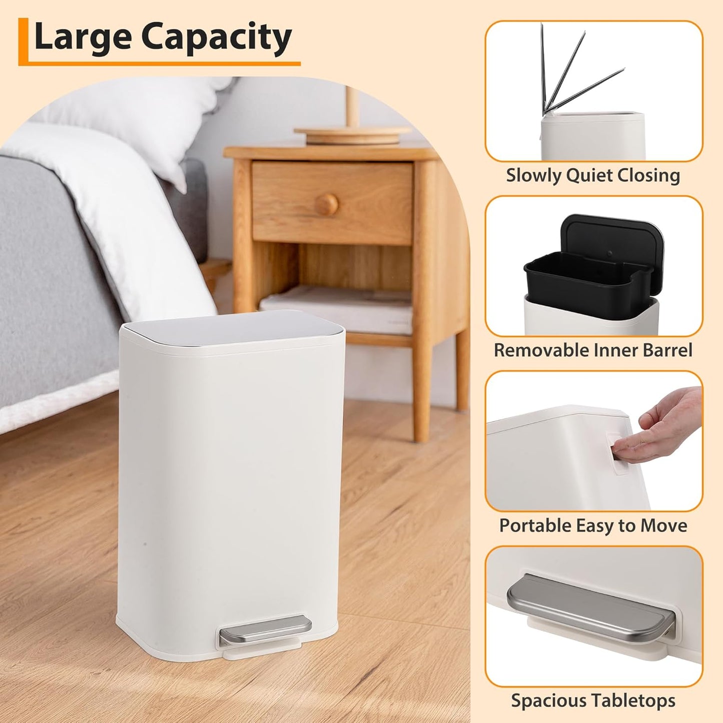 Trash Can with Lid, 5.3 Gallon Stainless Steel Garbage Bin for Kitchen, Rectangular Trash Can with Step-On Pedal and Inner Bucket for Home Office Bathroom Living Room (20 L, White)