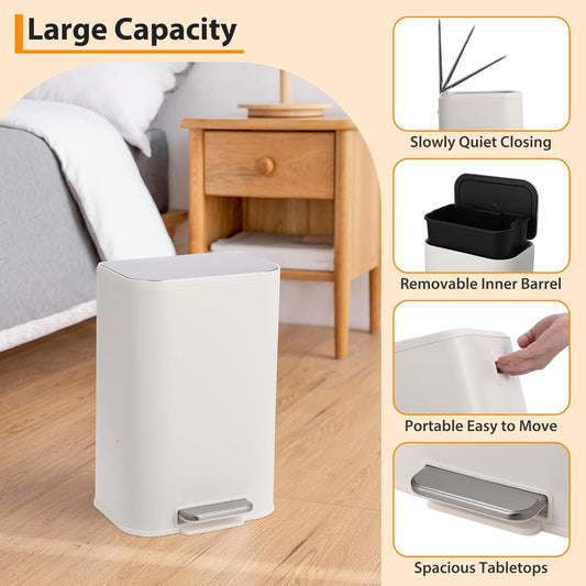 Trash Can with Lid, 5.3 Gallon Stainless Steel Garbage Bin for Kitchen, Rectangular Trash Can with Step-On Pedal and Inner Bucket for Home Office Bathroom Living Room (20 L, White)