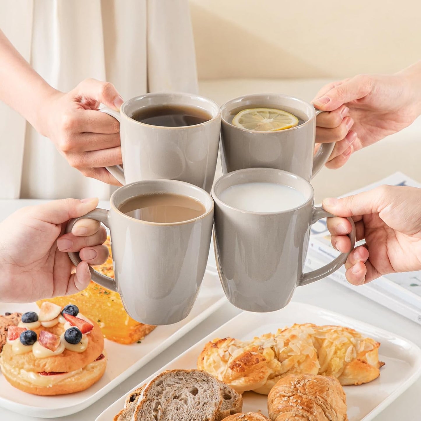 vancasso PLAYA Ceramic Coffee Mug Set of 6, 12 Oz Tea Cups with Handle for Latte, Tea, Cappuccino, Milk, Cocoa, Microwave&Dishwasher Safe, Grey