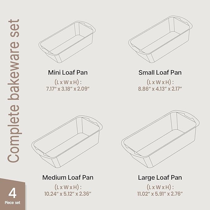 Loaf Pan Set 4-Piece - Deluxe Nonstick Carbon Steel Bakeware for Perfect Bread and Cakes – Dishwasher Safe, Premium Pans for Home Baking