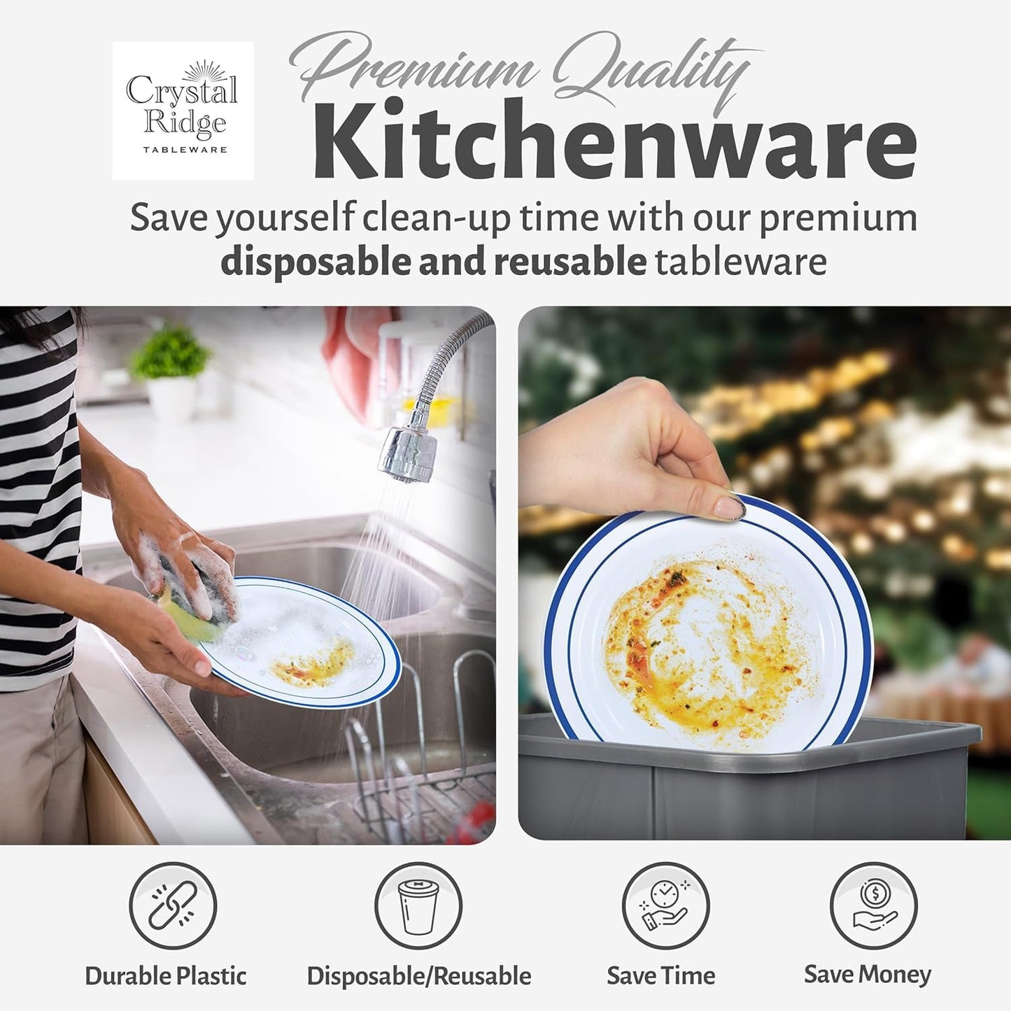 120-Piece Salad Plastic Plates Set - Premium Disposable Plates for Party - White with Blue Rim