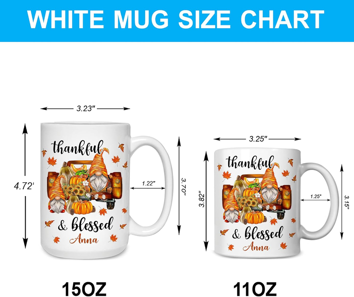 Hyturtle Personalized Fall Gnome Mug Gifts - Thankful And Blessed - Custom Name Coffee Cup Ceramic Mug 11oz 15oz - Gnome Gift For Women - Autumn Gifts - Fall Thanksgiving Decor Gift - Birthday