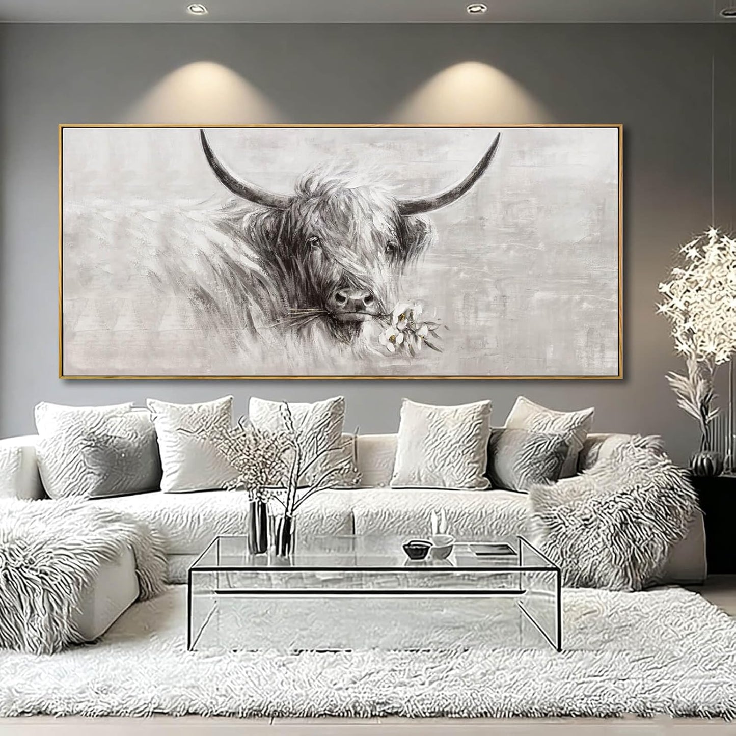 MLART99 Extra large Elegant Cow Canvas Animal Wall Art White and Grey Posters with Floral Gold Ox Print - 32x70 Inch Modern Home Decor for Living Room Entryway