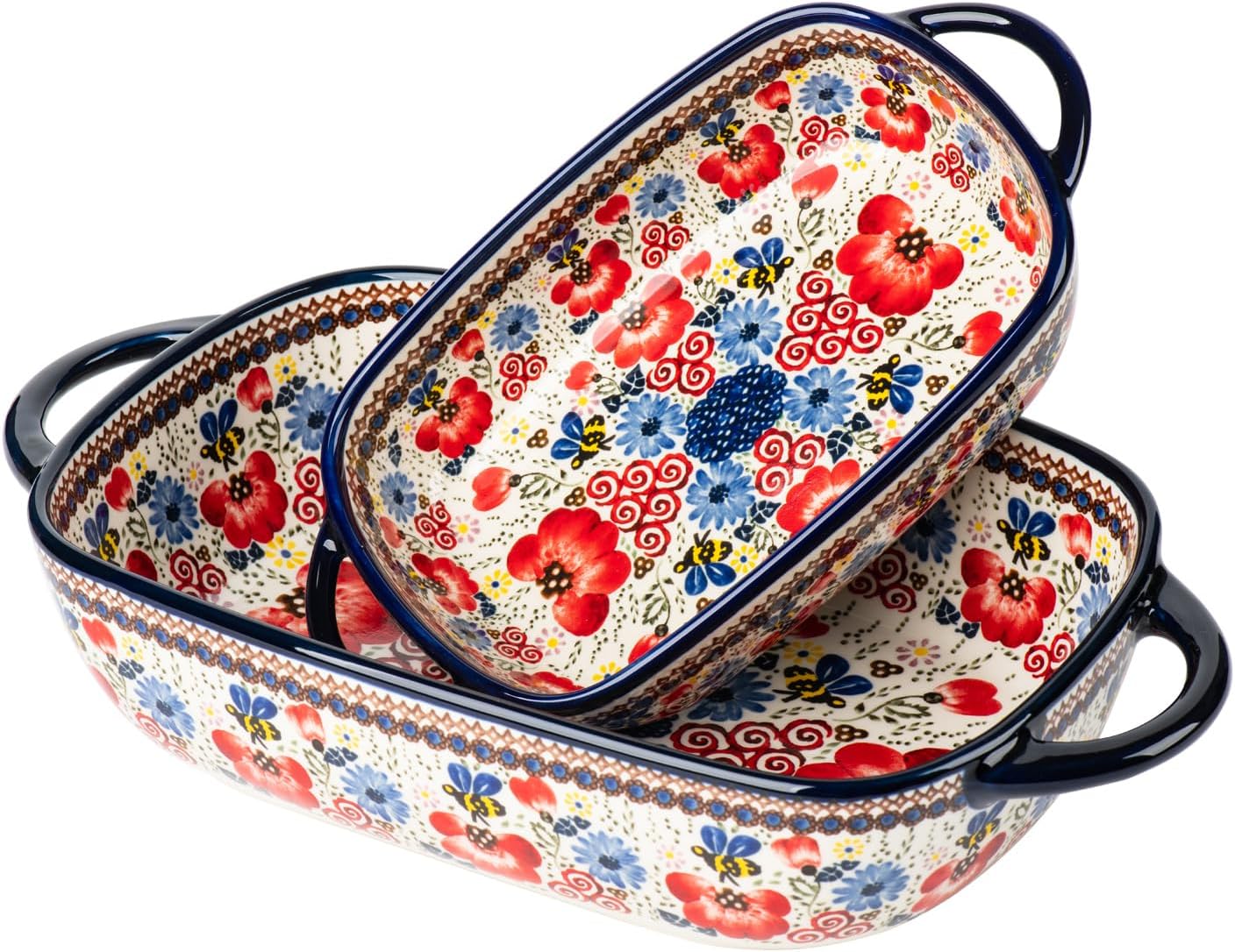 Baking Dish Ceramic Baking Pan Blue Casserole Dish Porcelain rectangular Baking Set 2pcs Bakeware Sets Lasagna Pan Baking Dishes for oven(Honey Flower)