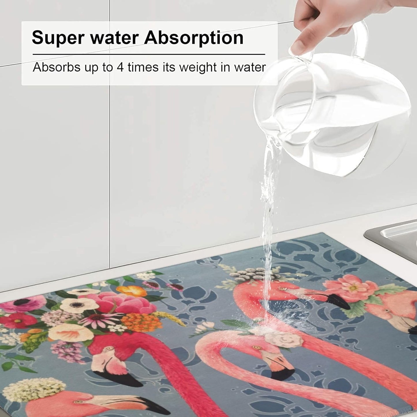 Flamingo Flowers Dish Drying Mat 18x24 Inch, Microfiber Absorbent Fast Dry Mat Large Dish Mat Drying Kitchen Mat, Kitchen Drying Pad for Kitchen Counter Coffee Bar Decor Gifts