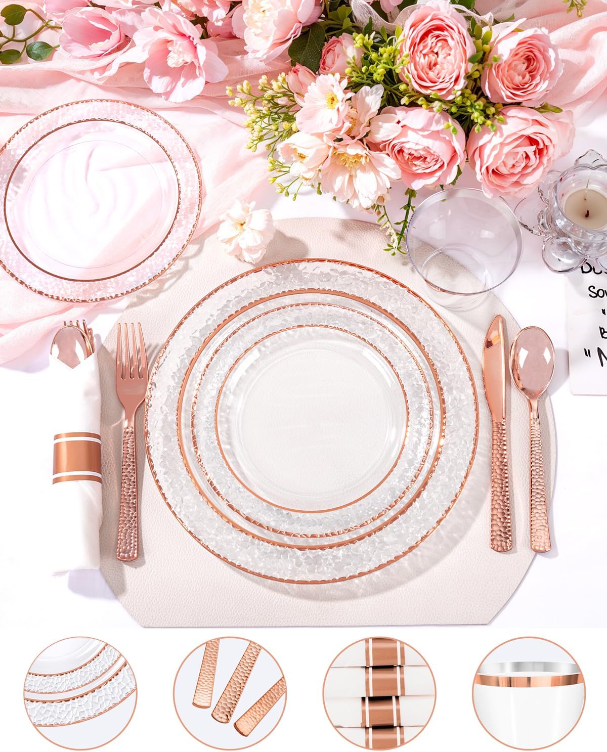 Ciaell 350PCS Rose Gold Plastic Plates - Clear Rose Gold Disposable Plates with Plastic Silverware include 100Plates, 150Silverware, 50Cups, 50Napkins for Wedding & Party & Baby Shower