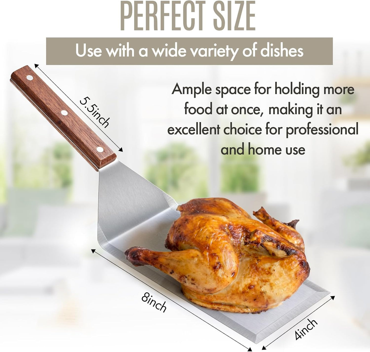 Professional Stainless Steel Extra Long Griddle Spatula with Wood Handle for Skillets,Thick Steel Blade Griddles & Pancake Flipper for Burgers, Omelet, and Versatile for Culinary Task, 8 x 4 inches