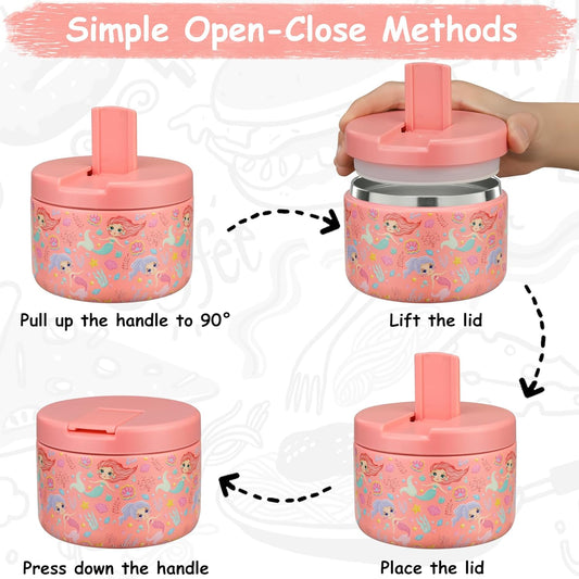 12oz Insulated Vacuum Food Jar with Buckle Lid Wide Mouth Soup Thermo for Hot Food Kids Leakproof Stainless Steel Lunch Container (mermaid)
